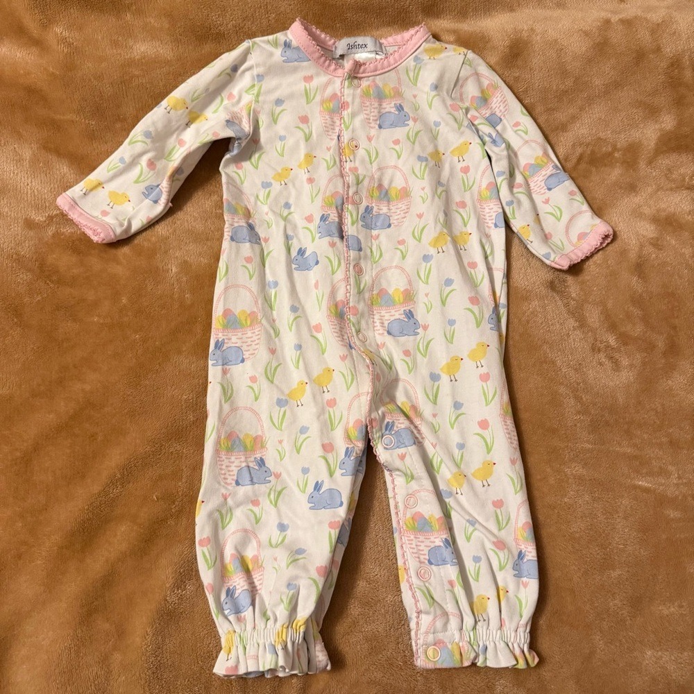 Ishtex Baby Girl Easter Bunny Chick Converter Gown Romper Pink Trim NB